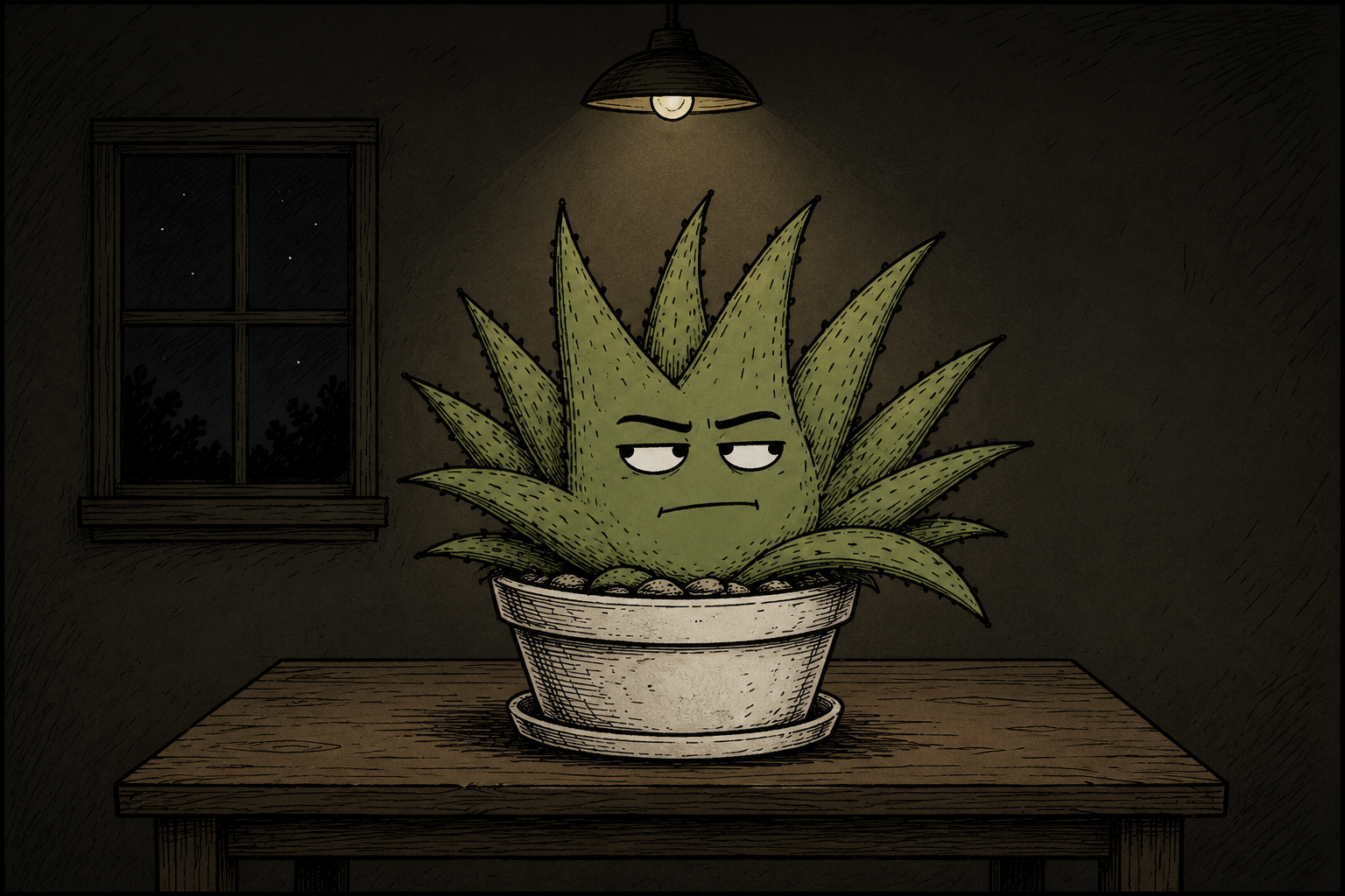 Bob sits silently beneath a hanging light in a dark room.